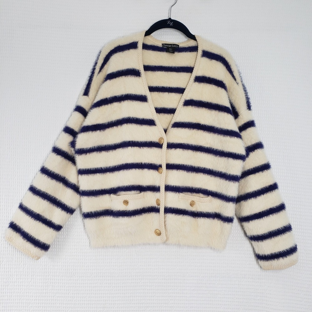 Christian Lacroix Cardigan Womens Large Cream Striped Fuzzy Gold Button Nautical